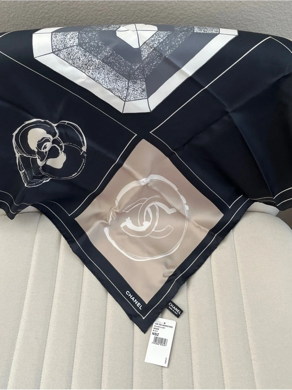 CHANEL icon motifs silk scarf with original packaging tags